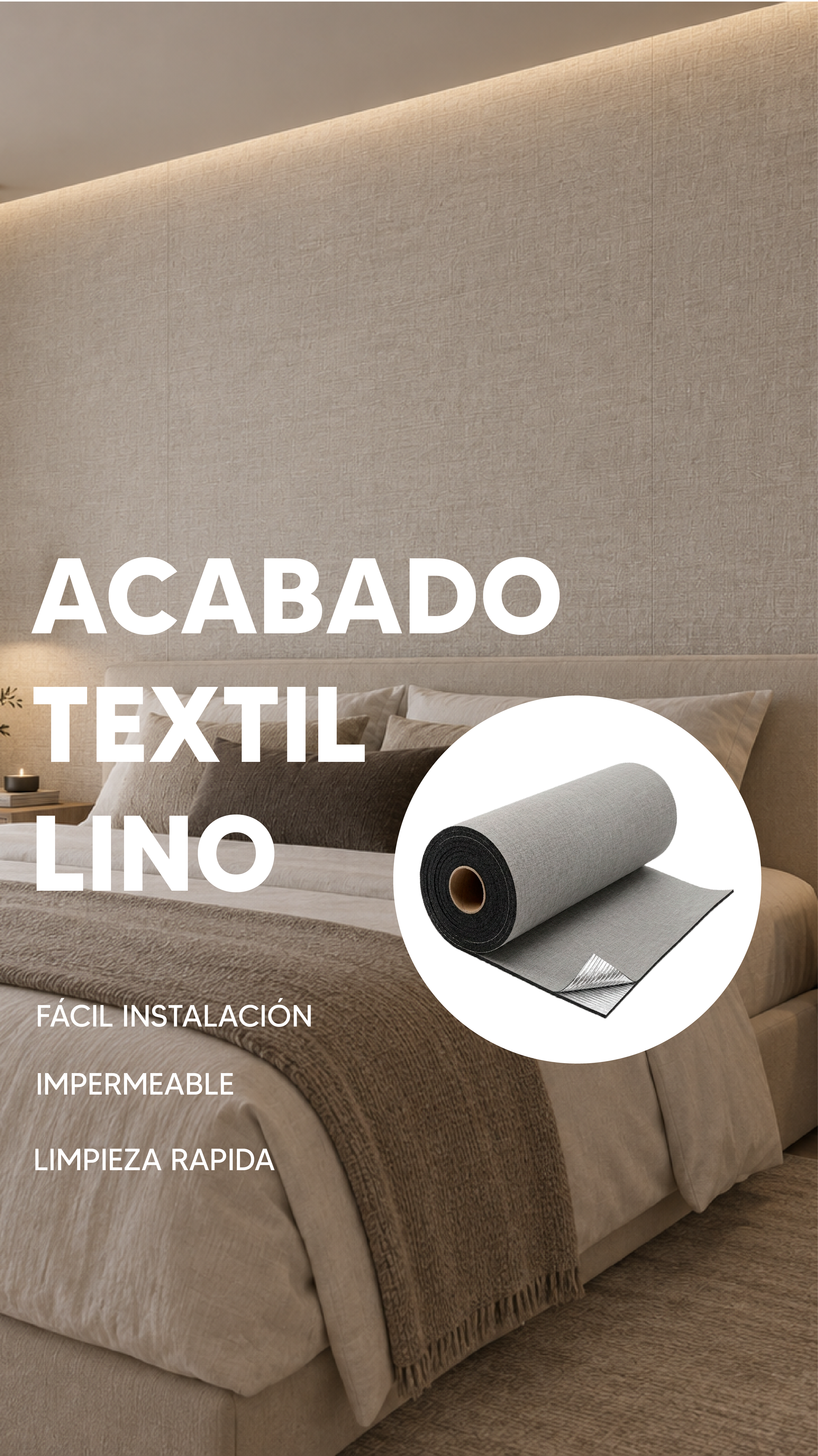 Rollo autoadherible acabado textil lino gris para muros - GREYCO